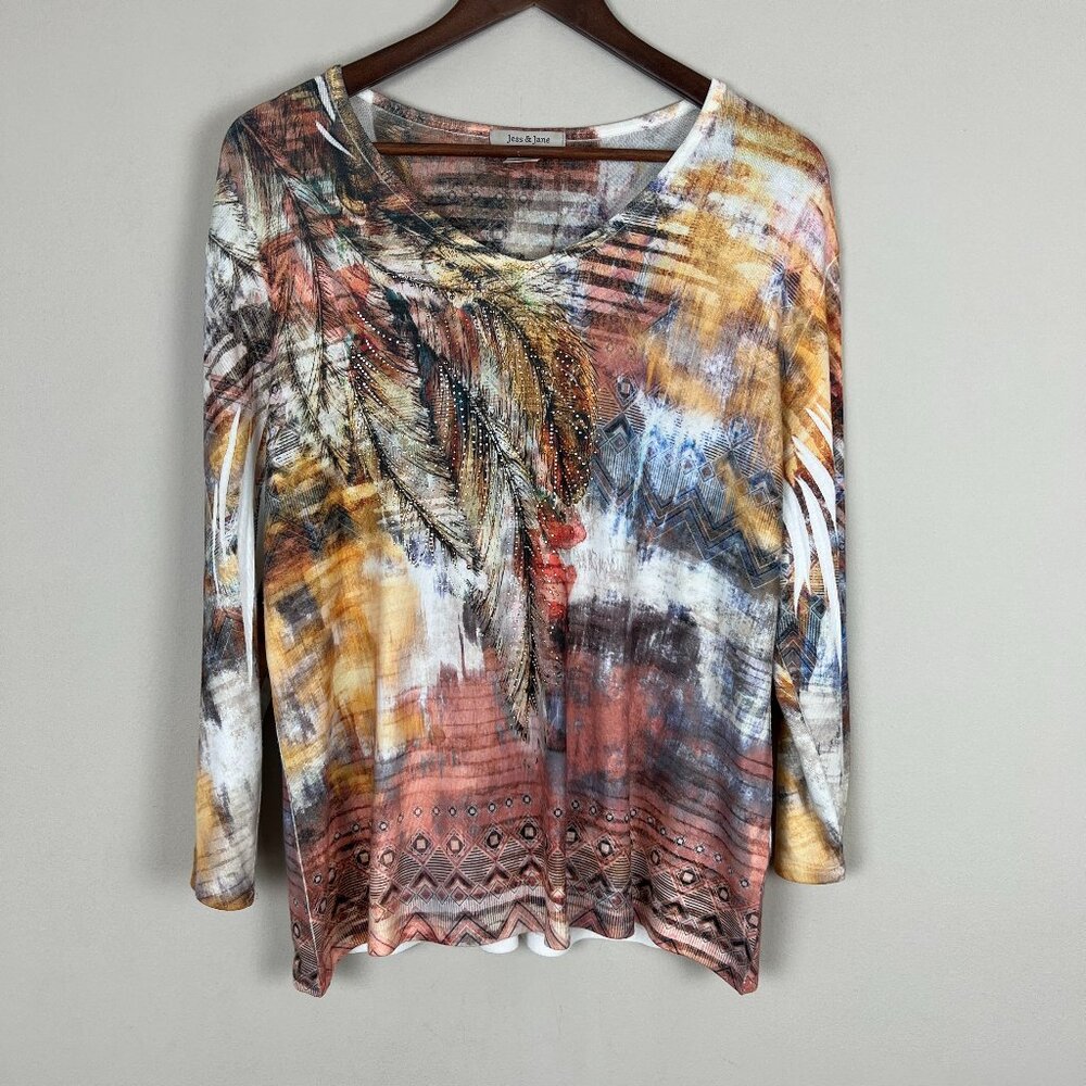 Jess & Jane Top Womens PXL Feather Art Rhinestone Bling 3/4 Sleeve V-Neck Boho‎